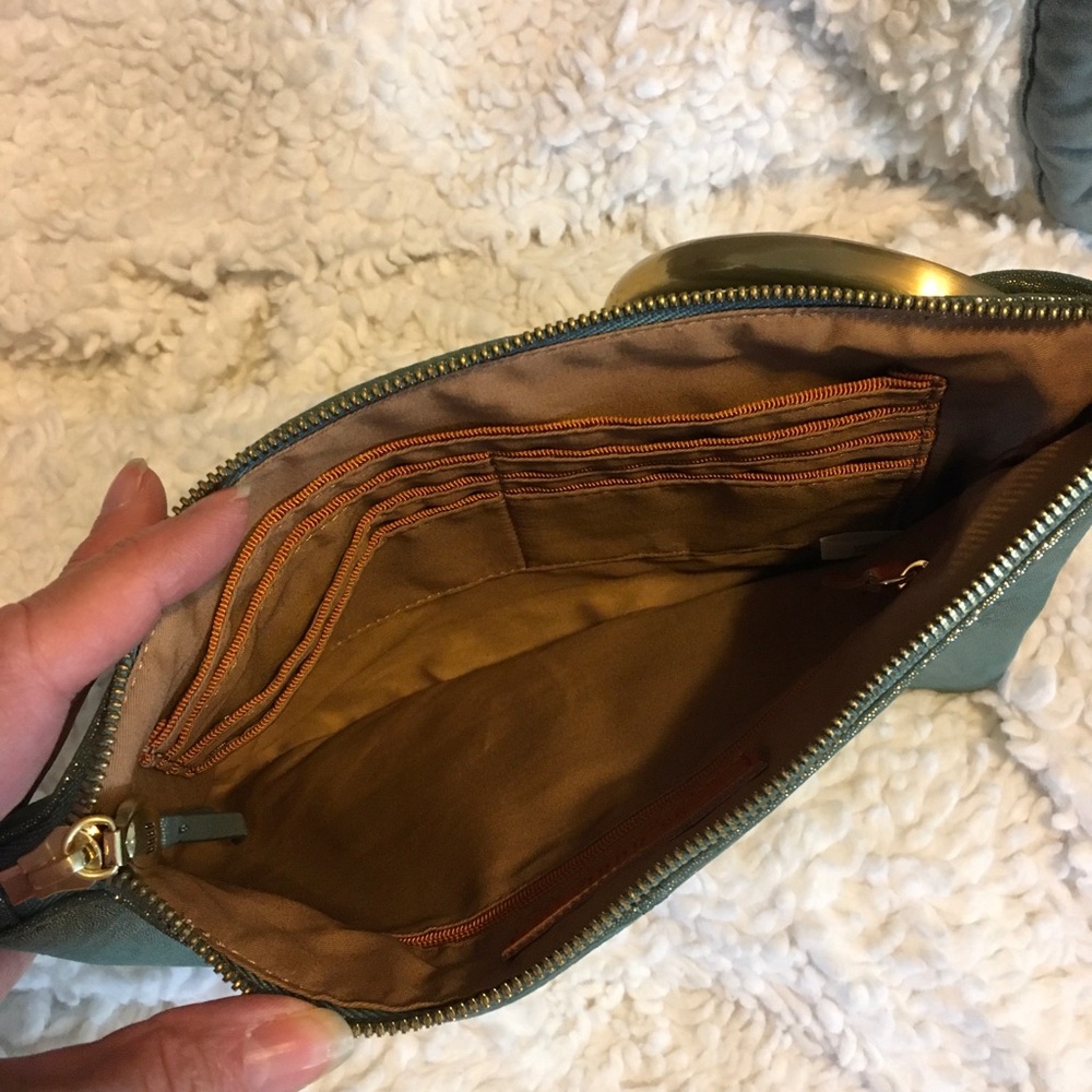 HOBO Green Metallic Wristlet Clutch with Gold Ring Handle - Picture 6 of 8